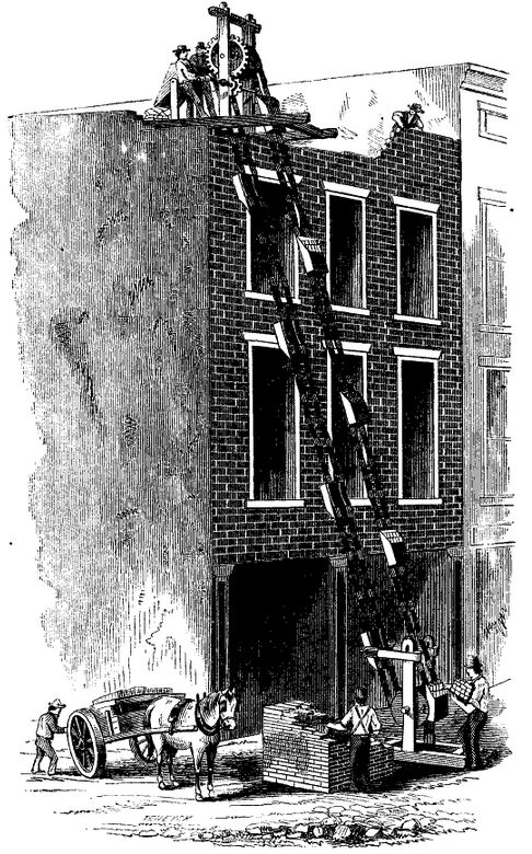 Constructing Main Street was no simple feat and many inventions developed to support it.  Seen here is Christman's Brick Elevator, published in Scientific American, Nov. 24, 1860.